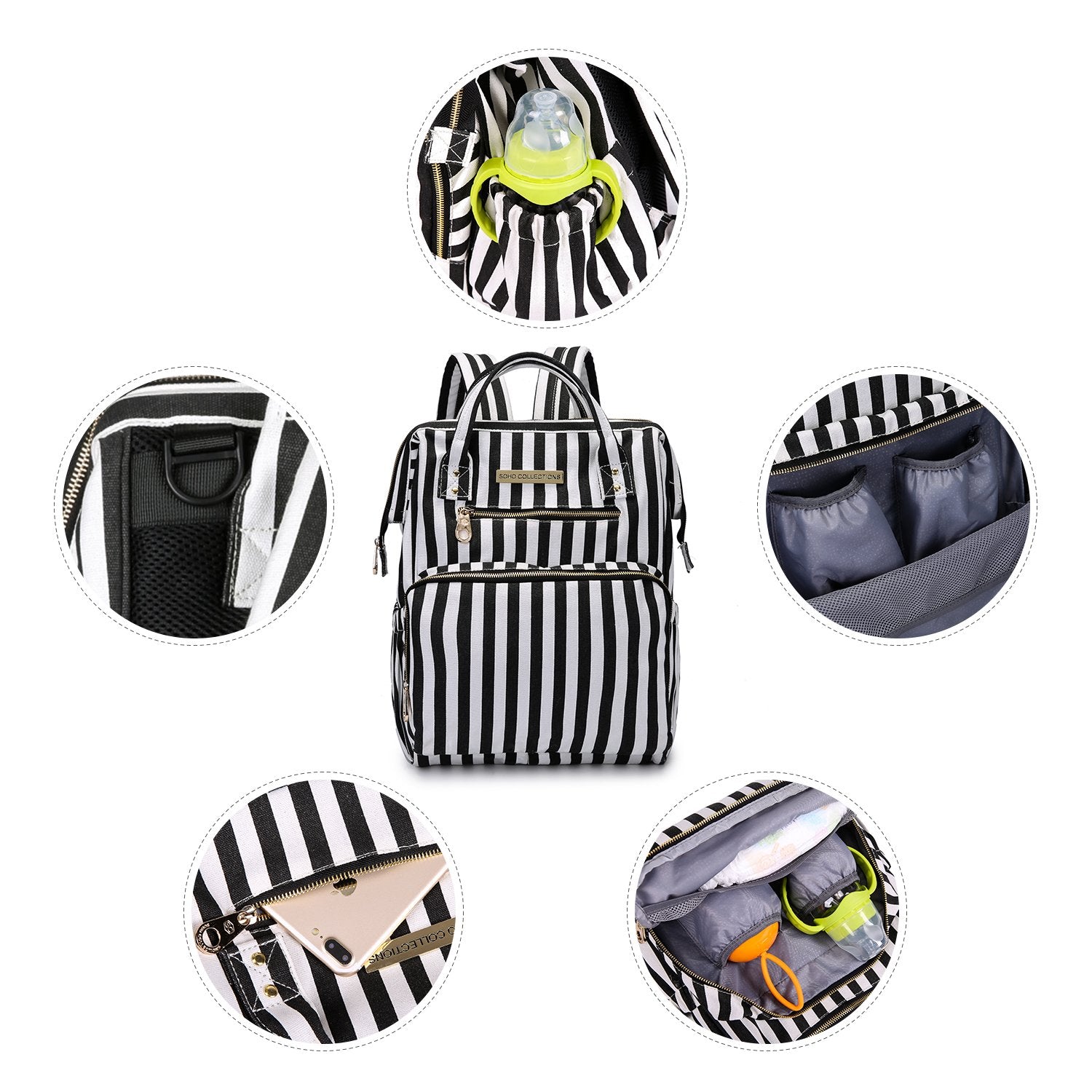 SoHo Collections Backpack Diaper Bag, Black & White Stripe