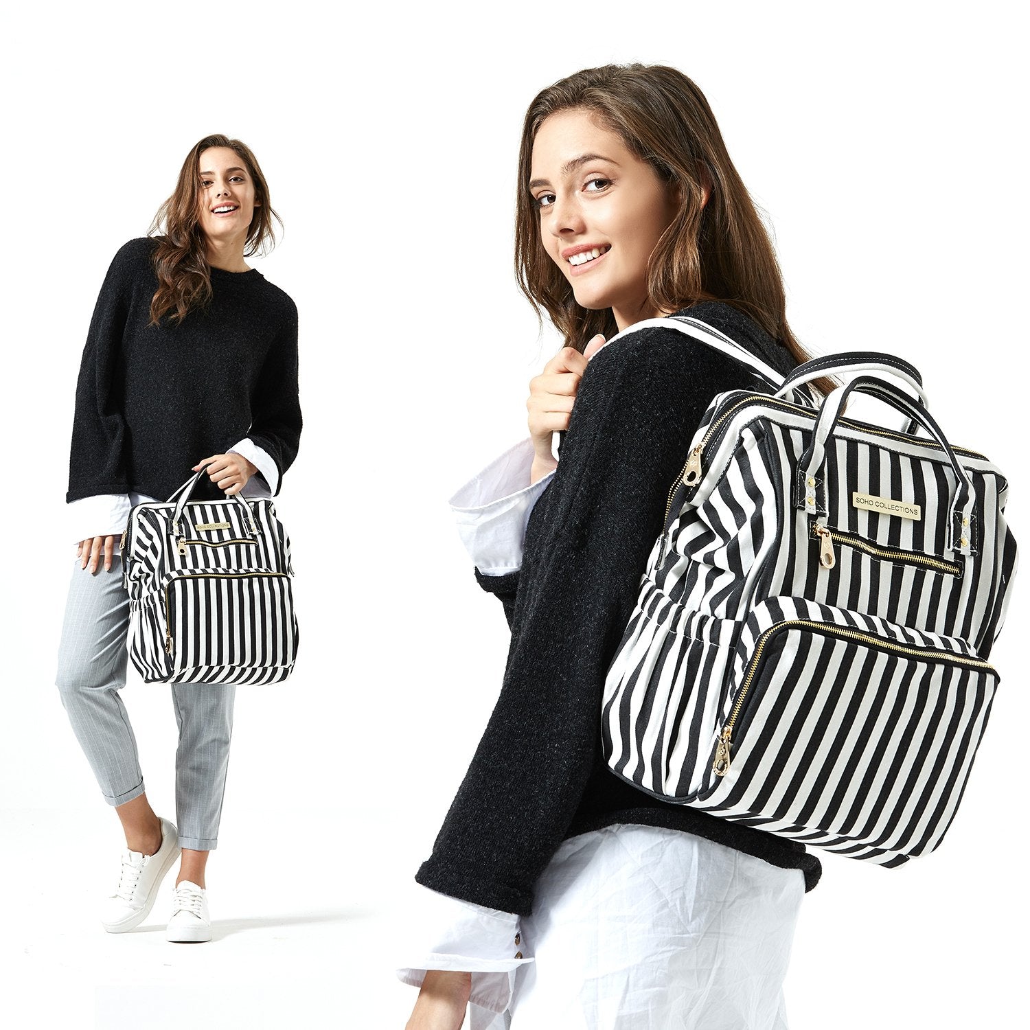 SoHo Collections Backpack Diaper Bag, Black & White Stripe