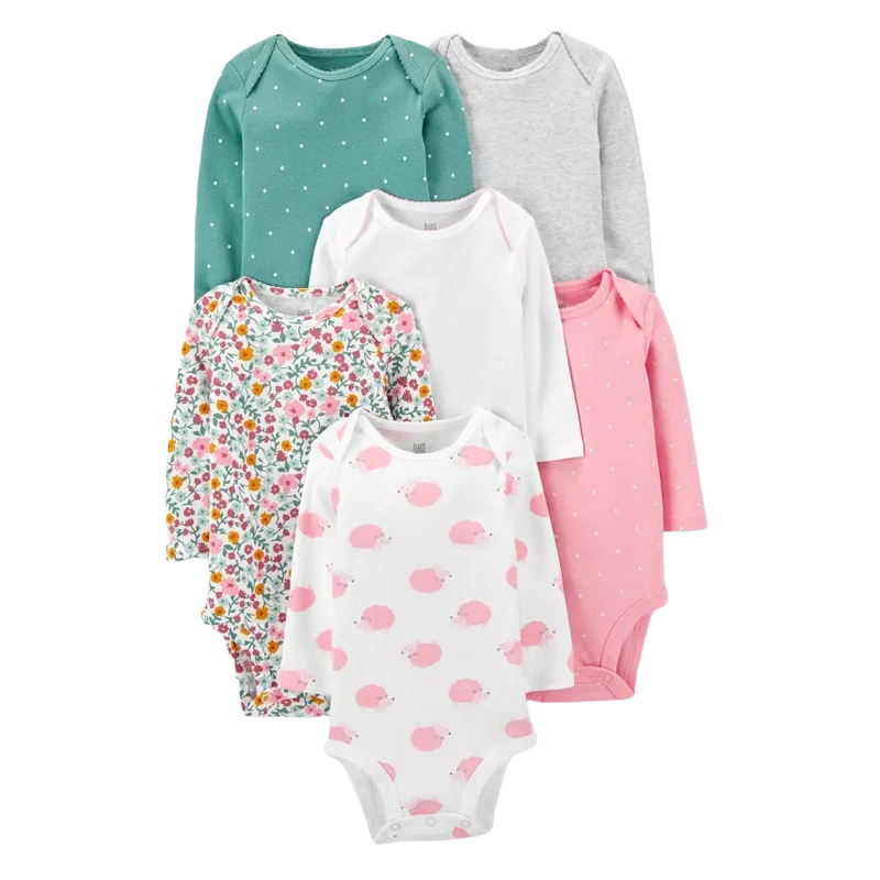 Carter's Girls 6-pk Long-Sleeve Bodysuit set, Floral/ Hedgehog