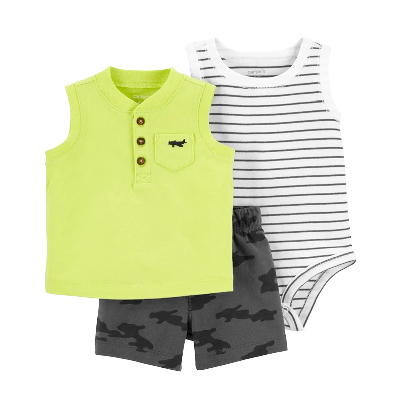 Carter's Boys 3-pc Bodysuit, Henley Tee & Shorts set, Neon / Airplanes