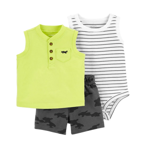 Carter's Boys 3-pc Bodysuit, Henley Tee & Shorts set, Neon / Airplanes