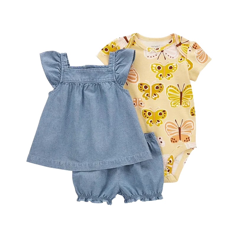 Carter's Girls 3-pc Bodysuit, Swing Top & Short Pant Set, Yellow / Chambray