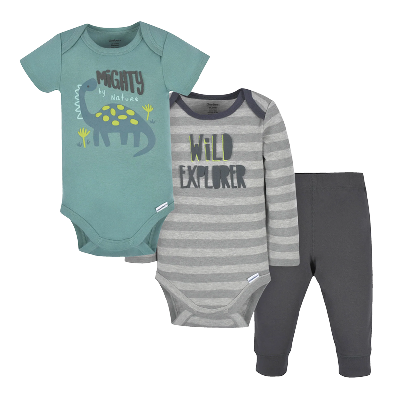 Gerber Boys 3-pc Bodysuit & Long Pant set, Dino / Explorer