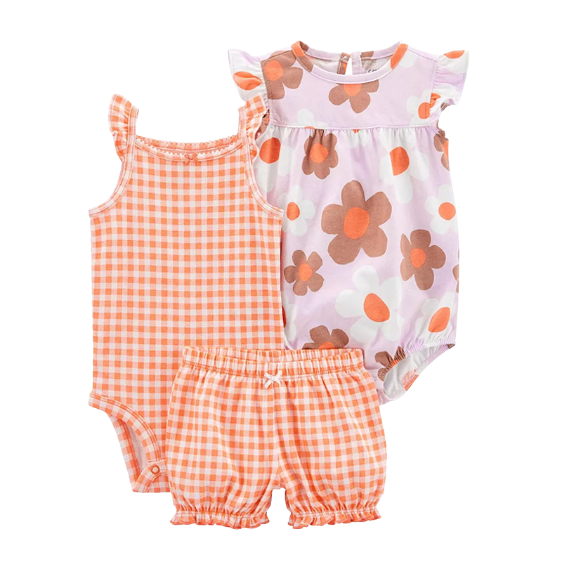 Carter's Girls 3-pc Sleeveless Bodysuit, Flutter Sleeve Romper and Short Pant set, Orange Gingham / Floral