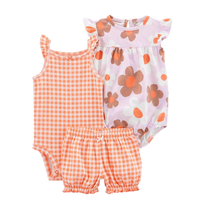 Carter's Girls 3-pc Sleeveless Bodysuit, Flutter Sleeve Romper and Short Pant set, Orange Gingham / Floral