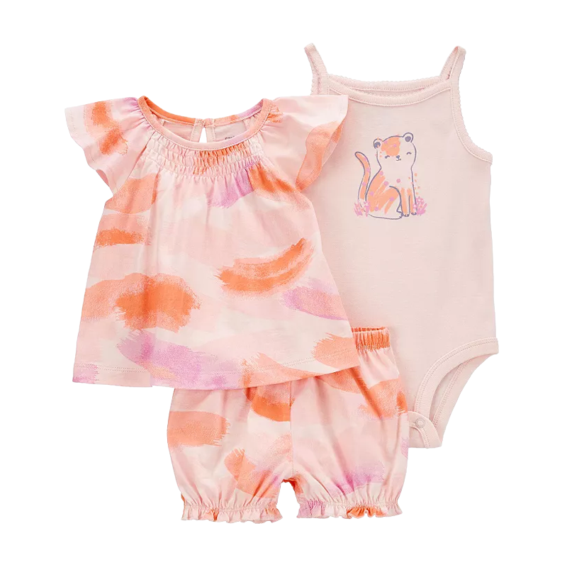 Carter's Girls 3-pc Flutter Sleeve Swing Top, Sleeveless Bodysuit & Short Pant set, Tie Dye / Kitty
