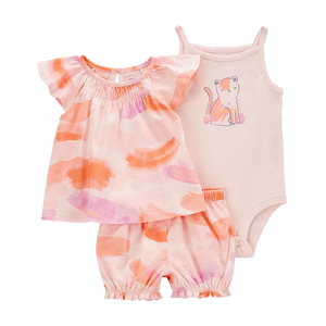 Carter's Girls 3-pc Flutter Sleeve Swing Top, Sleeveless Bodysuit & Short Pant set, Tie Dye / Kitty