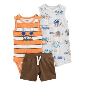 Carter's Boys 3-pc Sleeveless Bodysuit, Sleeveless Romper & Short Pant set, Local Cutie (3M only)