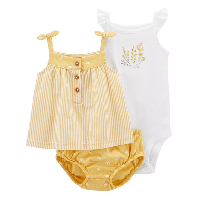 Carter's Girls 3-pc Sleeveless Swing Top, Flutter Sleeve Bodysuit & Bubble Pant set, Yellow / Garden