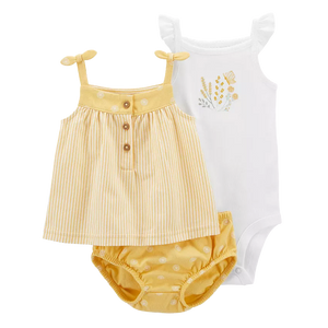 Carter's Girls 3-pc Sleeveless Swing Top, Flutter Sleeve Bodysuit & Bubble Pant set, Yellow / Garden