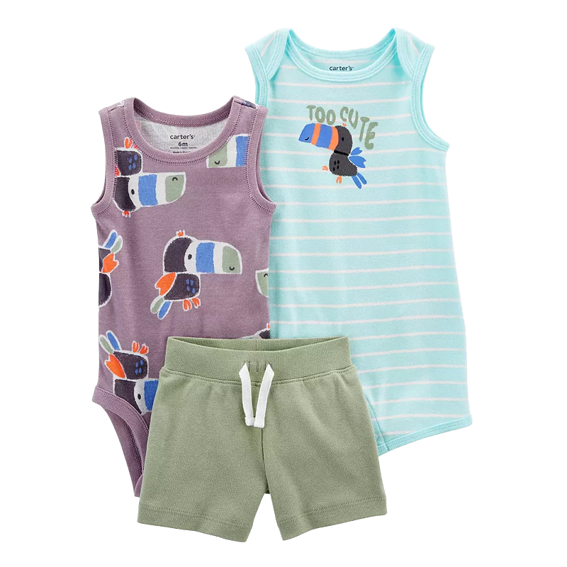 Carter's Boys 3-pc Sleeveless Bodysuit, Sleeveless Romper & Short Pant set, Too Cute / Toucan