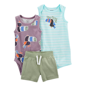 Carter's Boys 3-pc Sleeveless Bodysuit, Sleeveless Romper & Short Pant set, Too Cute / Toucan