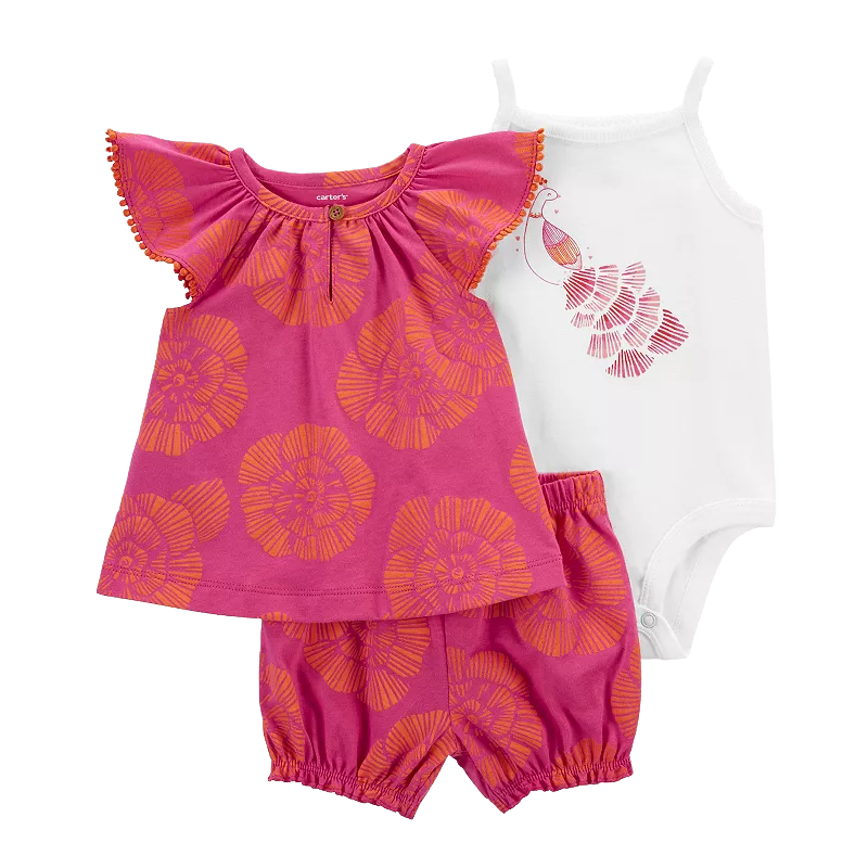 Carter's Girls 3-pc Flutter Sleeve Swing Top, Sleeveless Bodysuit & Short Pant set, Peacock / Floral (3M only)