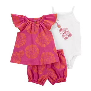 Carter's Girls 3-pc Flutter Sleeve Swing Top, Sleeveless Bodysuit & Short Pant set, Peacock / Floral (3M only)