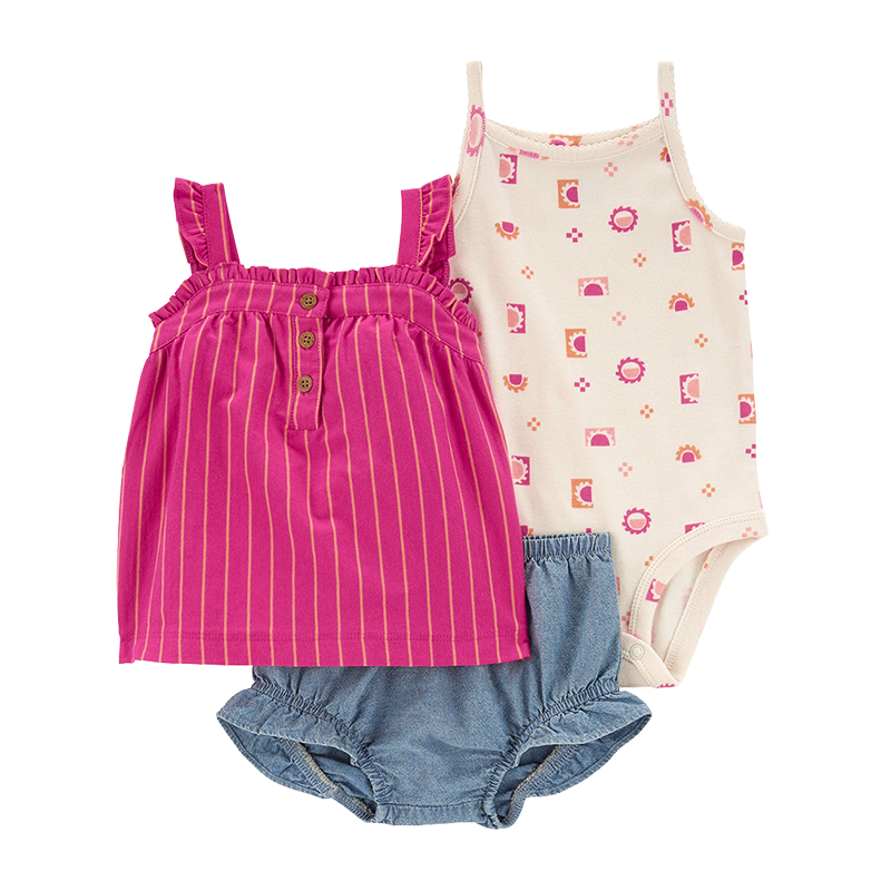 Carter's Girls 3-pc Flutter Sleeve Top, Sleeveless Bodysuit & Short pant, Fuchsia / Sunshine