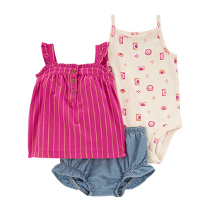 Carter's Girls 3-pc Flutter Sleeve Top, Sleeveless Bodysuit & Short pant, Fuchsia / Sunshine