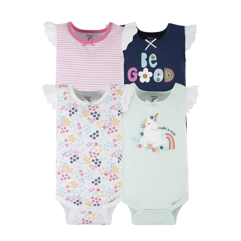 Gerber Girls 4-pk Flutter Sleeve Bodysuit set, Unicorn / Floral
