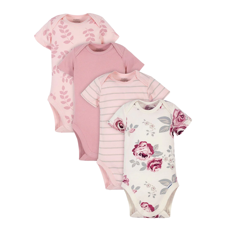 Gerber Girls 4-pk Onesies set, Leaves / Roses (3-6M only)