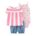 Carter's Girls 3-pc Swing Top, Sleeveless Bodysuit & Bubble Pant set, Pink / Blue (12M only)