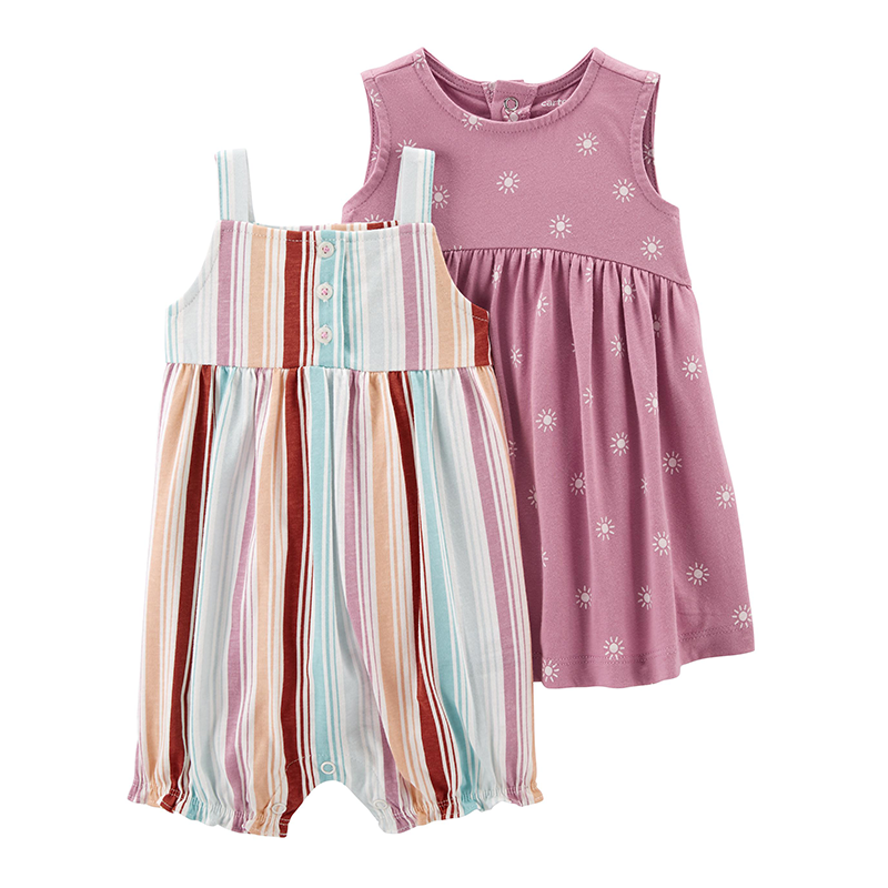 Carter's Girls 2-pc Sleeveless Dress & Romper set, Mauve purple / Teal / Stripes (24M only)