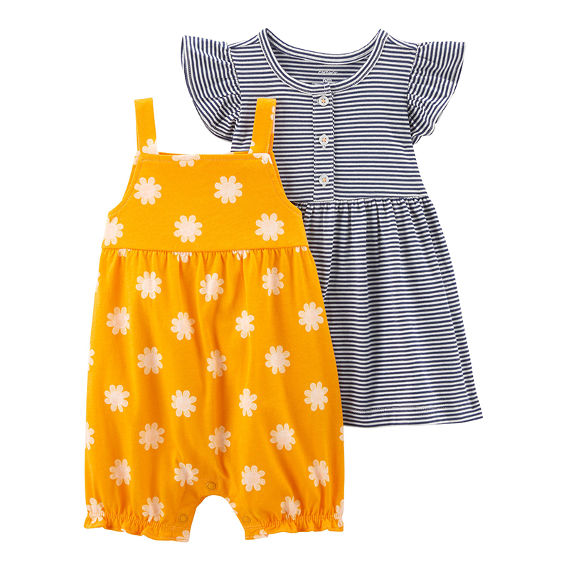 Carter's Girls 2-pc Flutter Sleeve Dress & Sleeveless Romper Set, Navy Stripes / Mustard Yellow
