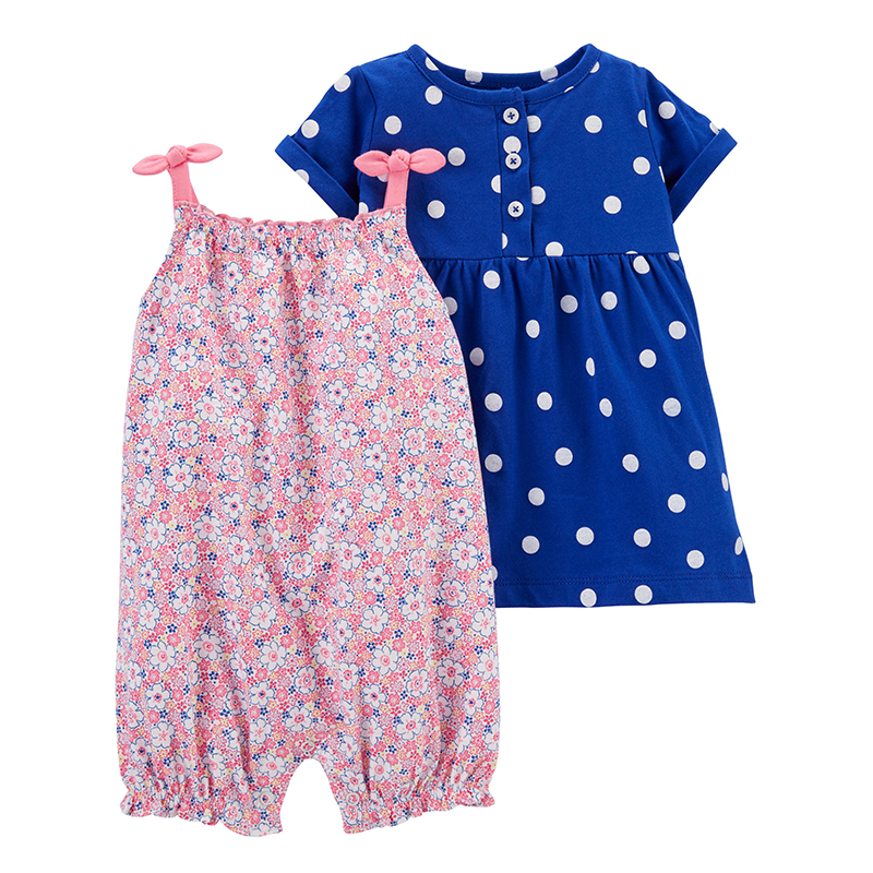 Carter's Girls 2-pc Dress & Sleeveless Romper Set, Royal Blue / Polka Dots / Floral