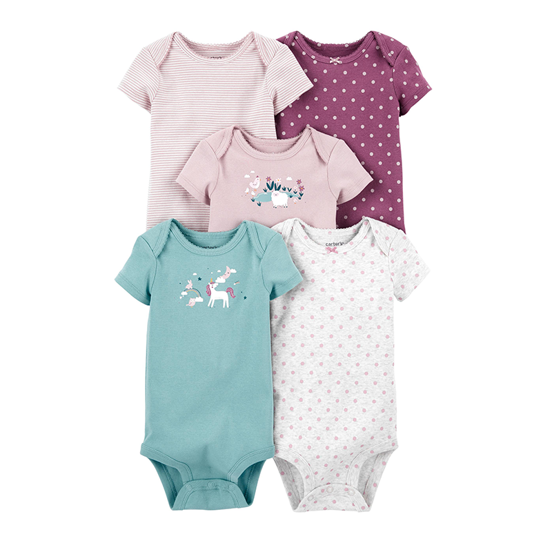 Carter's Girls 5-pk Bodysuit set, Teal / Mauve / Unicorn