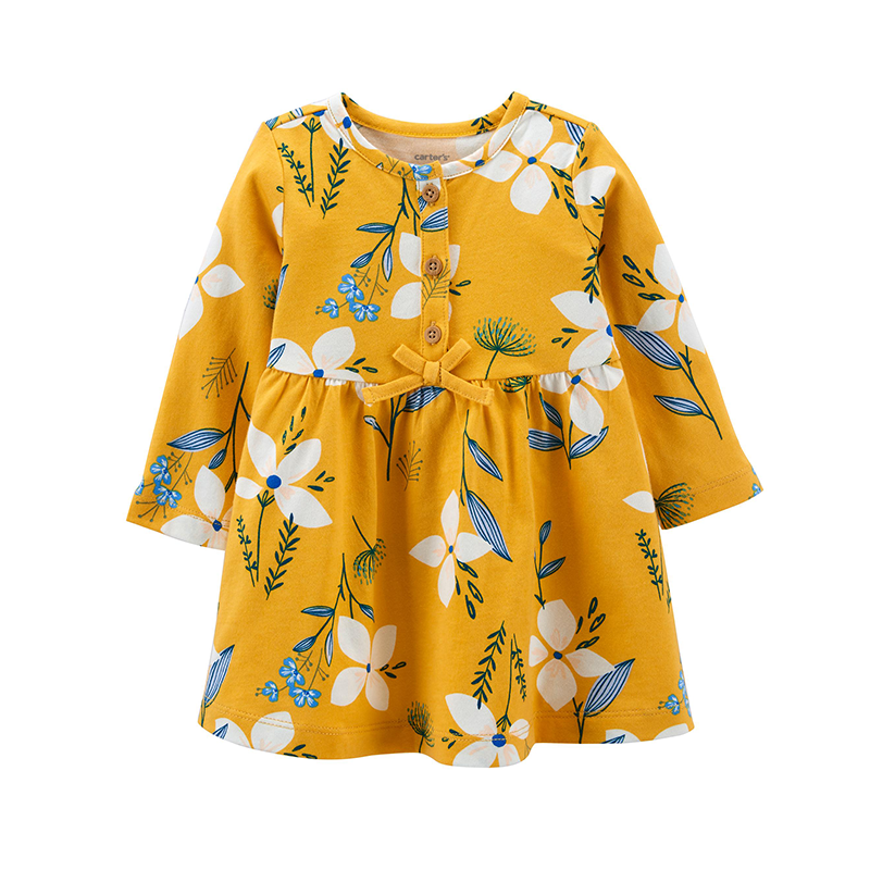 Carter's Girls Long Sleeve Cotton Dress, Yellow / Floral